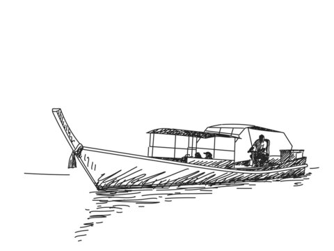 Sketch of Long tail boat, Hand drawn illustration