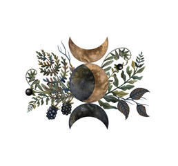 Watercolor illustration, abstraction. Phases of the moon and forest plants. Design element.  - obrazy, fototapety, plakaty