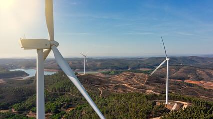 Aerial view wind turbine eco friendly renewable energy concept on Portuguese mountains background....
