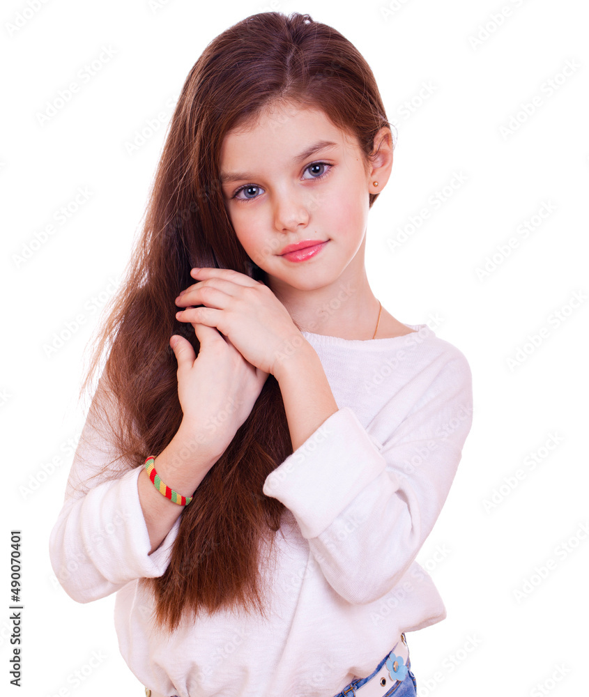 Wall mural Charming little girl, isolated on white background