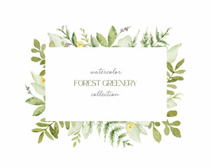 Watercolor vector frame with green foliage and flowers.