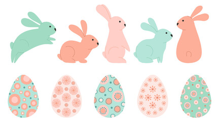 Set cute Easter eggs and spring bunny in pastel colors. Colorful Illustration with rabbit and Easter eggs with abstract pattern in flat style. Vector - 490070476
