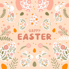 Templatewith silhouette Easter egg, rabbit, bird and flowers in flat style. Illustration cute spring eggs and hare in pastel colors and space for your text. Vector - 490070609