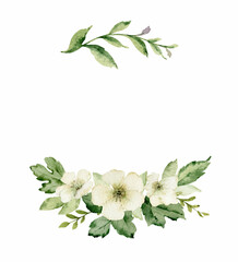 Watercolor vector wreath with green foliage and flowers.