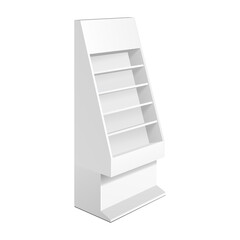 Cardboard Retail Shelves Floor Display Rack For Supermarket Blank Empty. Mock Up. 3D On White Background Isolated. Ready For Your Design. Product Advertising. Vector EPS10