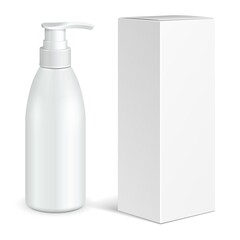 Cosmetic, Hygiene, Medical Grayscale Plastic Bottle Of Gel, Liquid Soap, Lotion, Cream, Shampoo With Box. Mock Up Ready For Your Design. Illustration Isolated On White Background. Vector EPS10