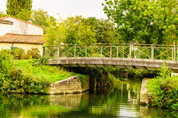 Fototapeta na wymiar River with bridge. Coulon town in France