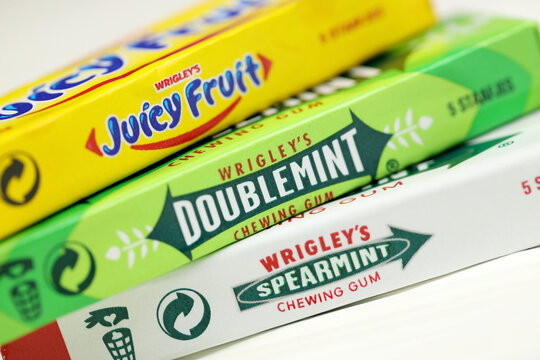 KHARKOV, UKRAINE - FEBRUARY 14, 2021: Wrigleys Spearmint Doublemint and Juicy Fruit chewing gum in classic design