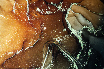 Abstract bright shiny color fluid background, hand drawn alcohol painting with golden streaks,...