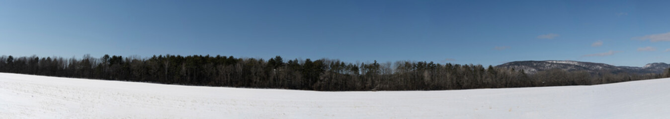 Panoramic scenic view of a field in winter in the Adirondacks