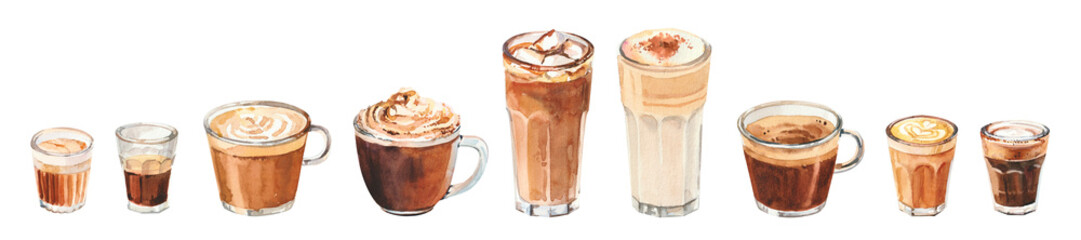 Hand painted watercolor set with coffee drinks for cafe menu. Hand drawn watercolor coffee cups, americano, cappuccino, flat white, espresso, cafe latte isolated on white background