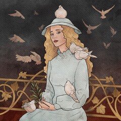 a blonde white girl in a light dress and hat is sitting on a patterned bench surrounded by white pigeons, and holding an olive branch in her hand, 2d illustration colour