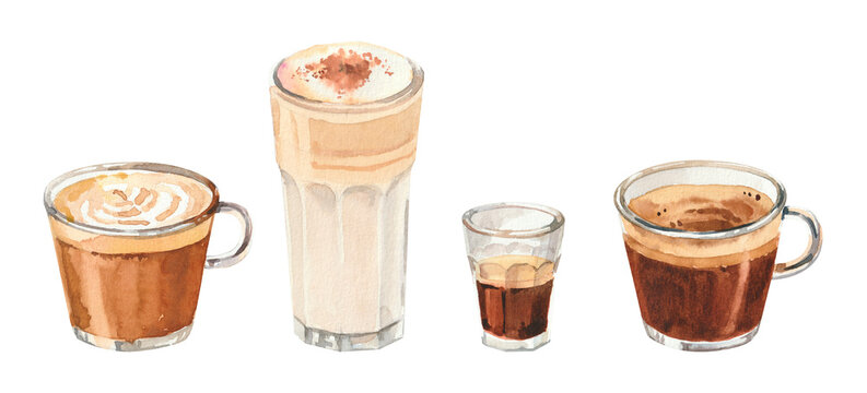 Hand painted watercolor set with coffee drinks for cafe menu. Hand drawn watercolor coffee cups, americano, cappuccino, flat white, espresso, cafe latte isolated on white background