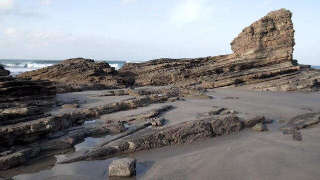 Tide pools and eroded rocks at Popoyo Beach Nicaragua in the western pacific coast, Handheld pan right shot