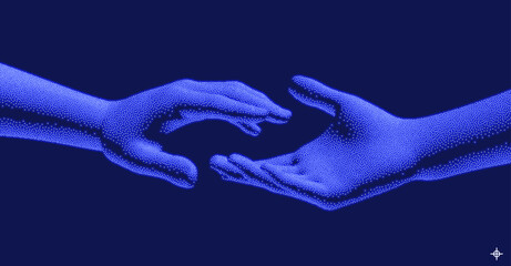 Hands reaching towards each other. Concept of human relation, togetherness or  partnership. 3D vector illustration. Can be used for advertising, marketing or presentation.