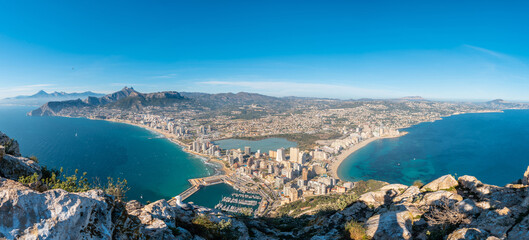 Panoramic views of the city of Calpe from the top in the Penon de Ifach Natural Park, Valencia,...