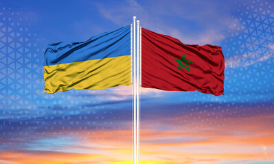 Ukraine and Morocco two flags on flagpoles and blue sky..