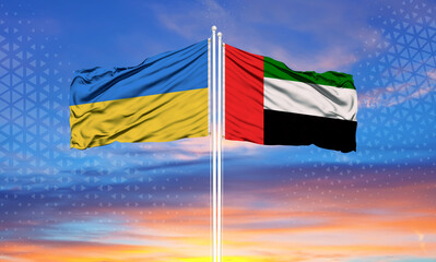 Beautiful national state flags of Ukraine and UAE United Arab Emirates together at the sky background