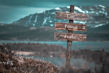 cut fossil fuels text quote engraved on wooden signpost outdoors in landscape looking polluted and...