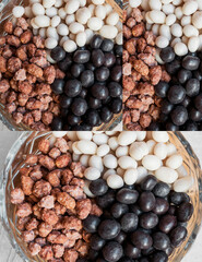 Tree type orientation  - horizontal, vertical, square in one photography. Three color of sweet peanuts in sugar, yogurt and chocolate glaze