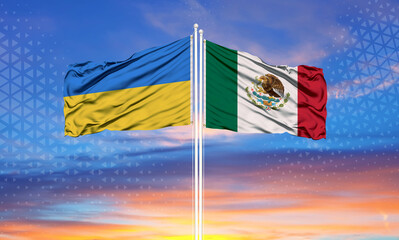 Ukraine and Mexico two flags on flagpoles and blue sky..