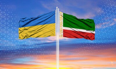 Chechnya and Ukraine flag waving in the wind against white cloudy blue sky together. Diplomacy concept, international relations.