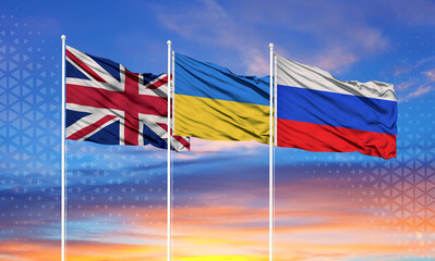 Flags of Russia, Ukraine and Britain The concept of tense relations between Russia and Ukraine