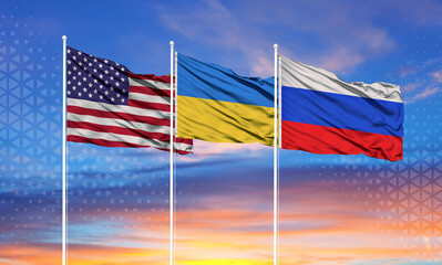 Flags of Russia, Ukraine and America The concept of tense relations between Russia and Ukraine