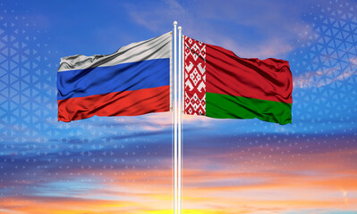 Russia and Belarus flag waving in the wind against white cloudy blue sky together. Diplomacy concept