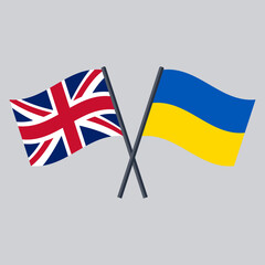 UK and Ukraine flag on stick crossed. United Kingdom vector icon flat design.