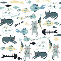 Seamless childish pattern with cute cat face and fish. Creative nursery background. Perfect for kids design, fabric, wrapping, wallpaper, textile, apparel