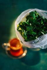 Herbal tea with fresh mint. Bunch of fresh mint
