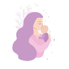 Vector Illustration Of Mother Holding Baby Son In Arms.