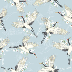 Decorative kimono floral motif background pattern with crane and flowers
