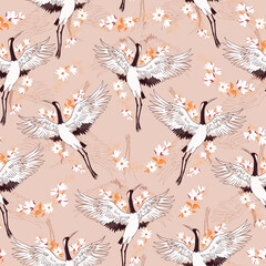 Decorative kimono floral motif background pattern with crane and flowers