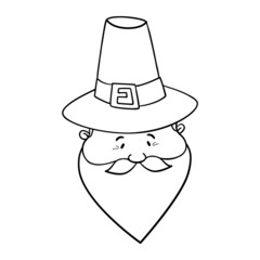 Cute gnome with autumn leaves on hat. Thanksgiving day doodle. Line art Scandinavian gnome.