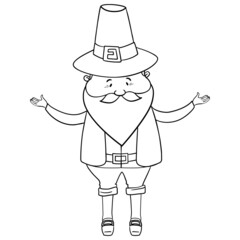 Cute gnome with autumn leaves on hat. Thanksgiving day doodle. Line art Scandinavian gnome.