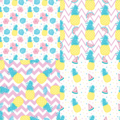 Set of geomterical yellow summer and fruit seamless patterns.