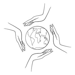 vector illustration, hands close the planet from pollution, save the planet, a small process of a plant, Earth Day concept - vector