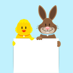 Obraz premium Küken & Osterhase Halten Kleines Schild Himmel