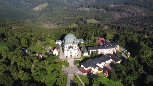 The famous pilgrimage church of Virgin Mary on the hill of Saint Hostyn in Moravia Svat&yacute; Host&yacute;n poutn&iacute; m&iacute;sto Czech republic,Europe,aerial panorama