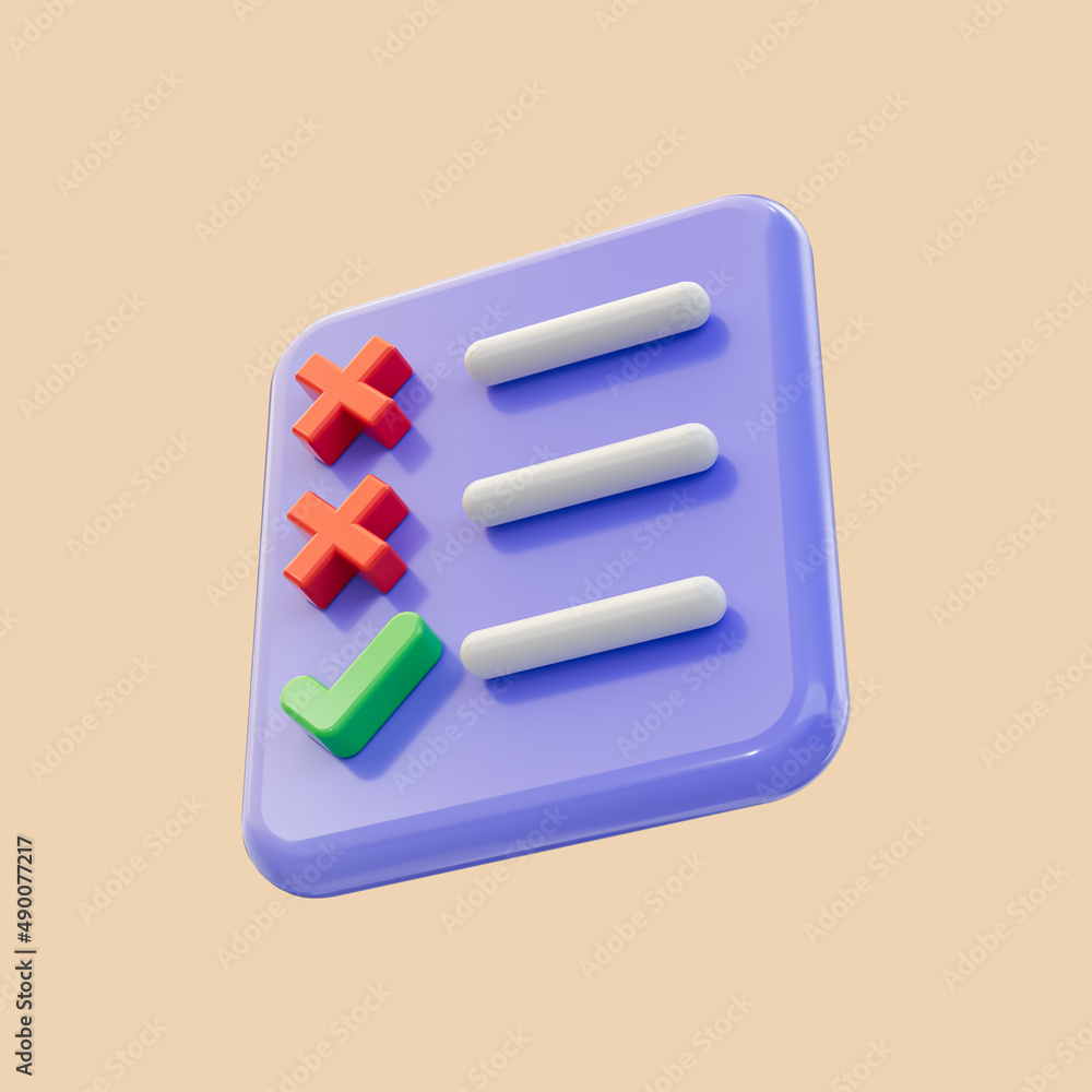 Poster check cross list document icon 3d render concept for clipboard with green tick and red crosses