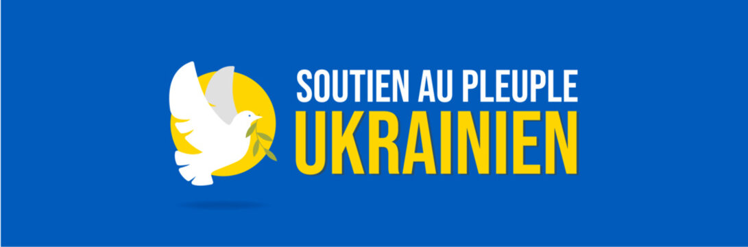 Bannière soutien au peuple ukrainien - Titre et colombe aux couleurs de l'Ukraine