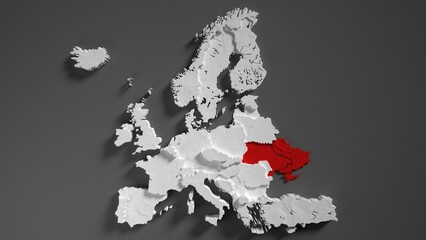 3d map of Ukraine and the European Union, Europe. The concept of joining NATO and war. Relations between Ukraine and Russia. Crimea, Donetsk, Luhansk occupied by Russia territories