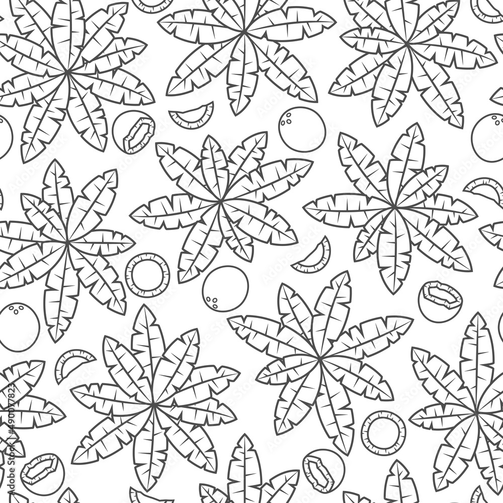 Poster seamless pattern with black and white palm trees and coconuts. tropical vector background with isola