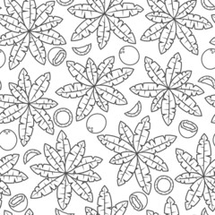 Seamless pattern with black and white palm trees and coconuts. Tropical vector background with isolated objects on white background.