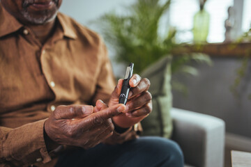 A modern African man sits at a table in the living room and takes blood from his finger due to...