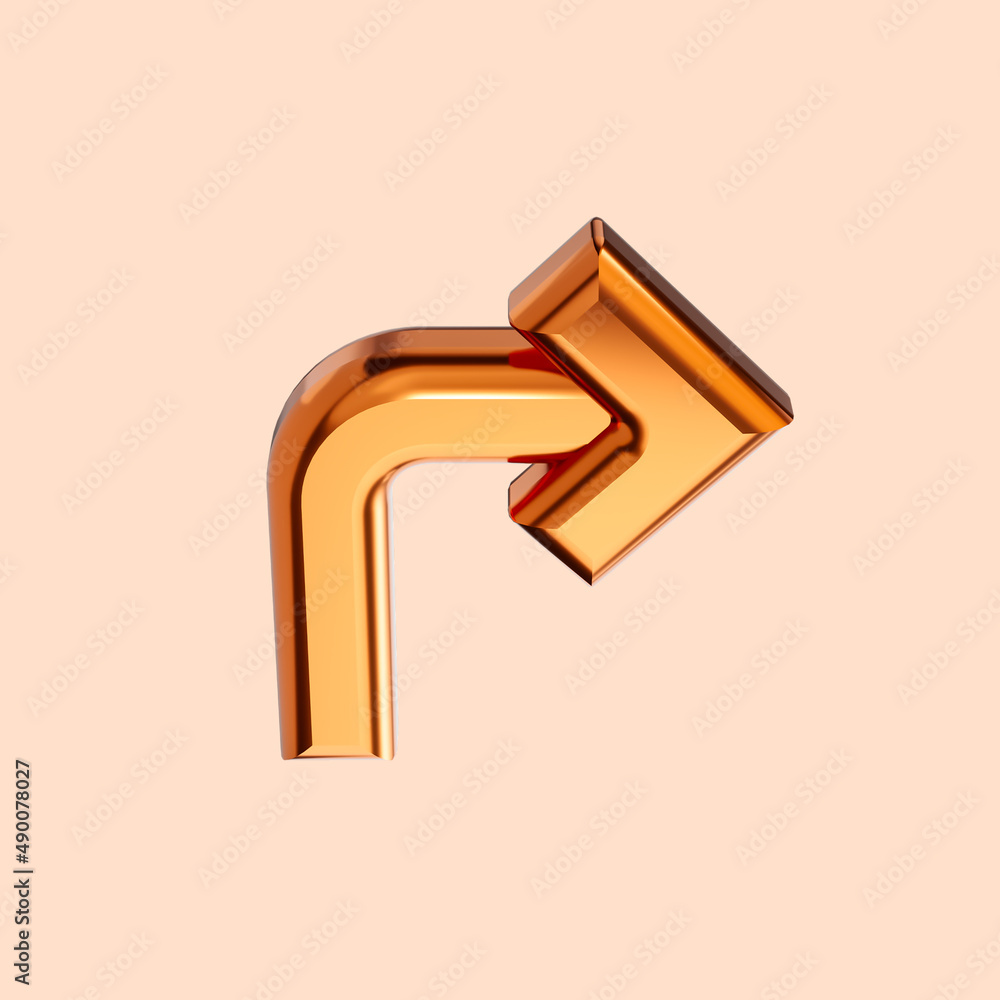 Poster realistic glossy arrow angle turning to right icon 3d render concept for direction way and symbol
