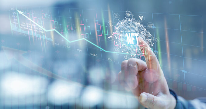 Close up of Businessman hand touch virtual screen, NFT token digital crypto art blockchain technology concept.