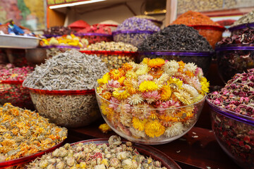 Iranian organic Saffron,dried flowers, fragrant herb leaves, and seedpods used as flower confetti or potpourri